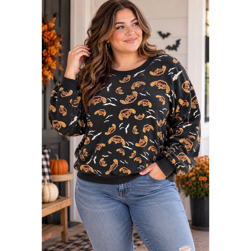 Disney Stitch Halloween Pumpkin Bat Sweatshirt Black XXL Plus Size Pullover